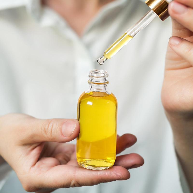 [Australia - AusPower] - AOZITA Set of 4, 2 oz Golden Cap Clear Dropper Bottles (60ml) with 1 Funnel & 4 Labels - Glass Tincture Bottles for Essential Oils with Eye Droppers - Leak Proof Travel Bottles for Liquids 