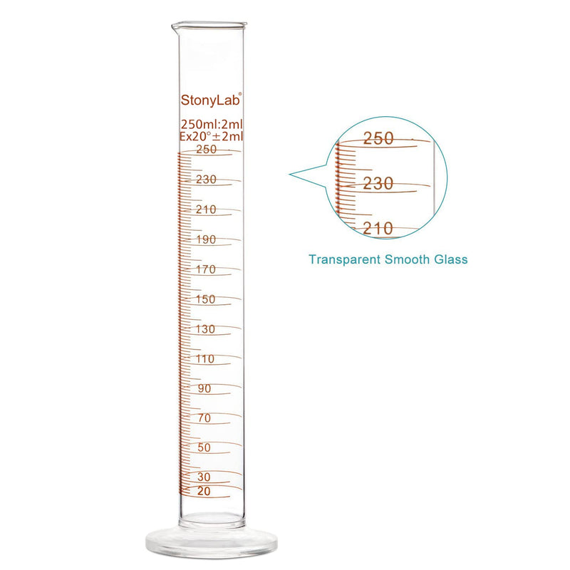 StonyLab 3-Pack Borosilicate Glass 250ml Heavy Wall Graduated Cylinder Measuring Cylinder, 250ml 250 ml