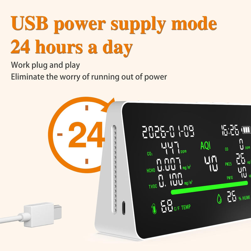 [Australia - AusPower] - 11-in-1 Air Quality Monitor, Indoor CO2VOC/AQI/PM2.5/Thermometer/Humidity Monitor, Portable Smart Air Quality Meters, Air Quality Tester for Home Office Outdoor, Battery Powered 