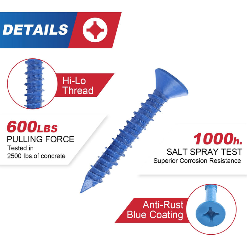 [Australia - AusPower] - 1/4" x 1-1/4" Concrete Screw Anchor,Phillips/Square Flat Head, Drill & Driver Bits Included, for Concrete, Block & Brick(36pcs/Box) 1/4" 1 1/4 Inches 36 