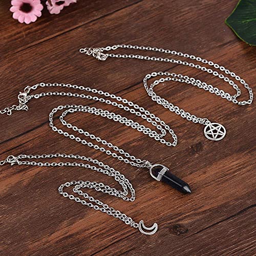 papasgix Layered Hexagonal Gemstone Healing Crystal Stone Pendant Necklaces, Pointed Quartz Amethyst Stone Pendant Necklaces with Layered Moon Star Silver Necklace(2)