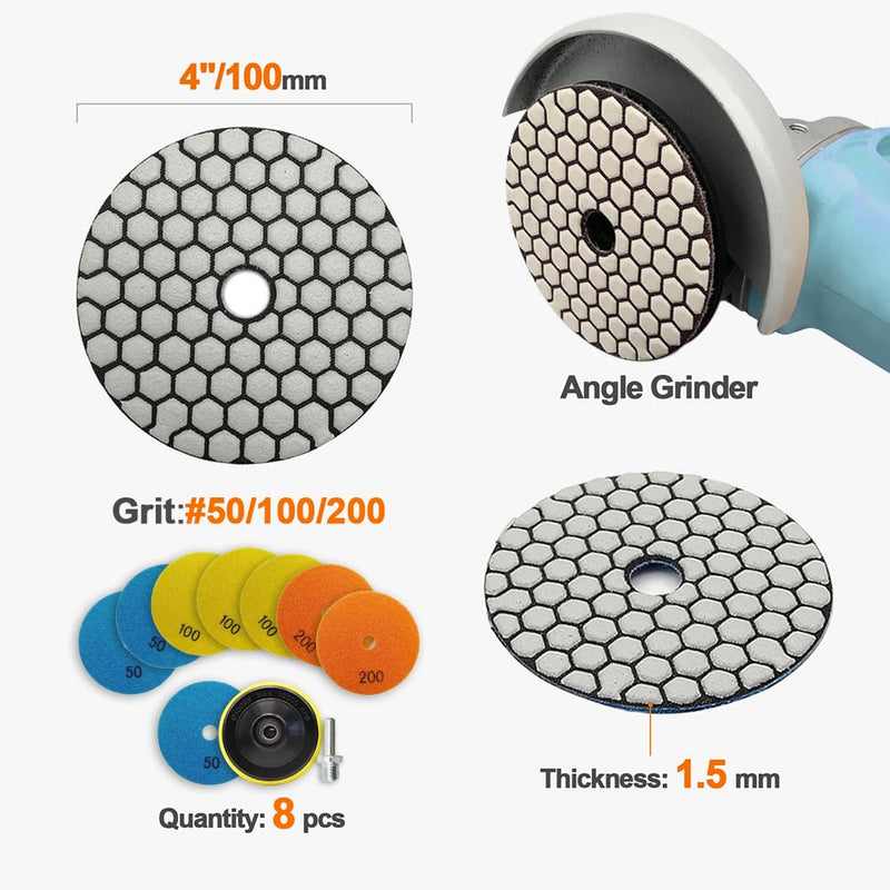 [Australia - AusPower] - BRSCHNITT Dry Diamond Polishing Disc Set 100 mm - #50x3/100x3/200x2 Polishing Pad Set for Granite Stone Concrete Marble Floor Grinder or Polisher with M14 Support Plate + Adapter Grit #50x3/100x3/200x2+PLS M14 