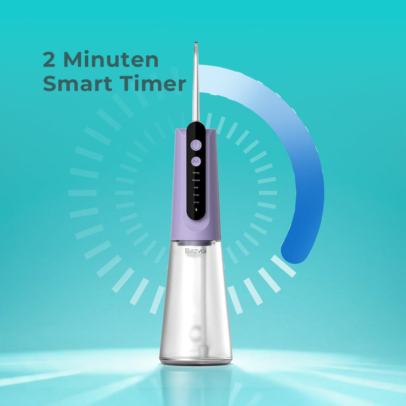 Bezvoi Wireless Oral Irrigator Portable Oral Irrigator with 5 Pressure Levels IPX7 | 270 ml removable water tank, 4 interchangeable nozzles, gentle cleaning for gums and interdental spaces Purple