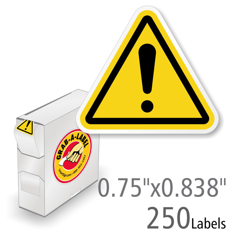 SmartSign (250/Pack) ISO W001 General Hazard Warning Labels with Exclamation Symbol in Dispenser Box, 0.838" x 0.75", Plastic Labels (Aggressive Adhesive) with Polyolefin Film, Yellow/Black