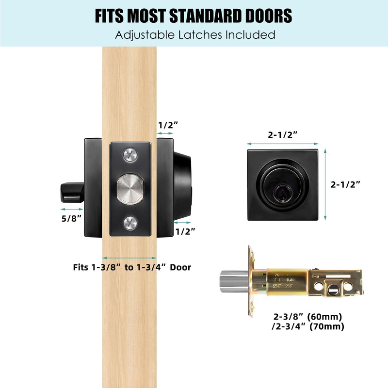 Square Single Cylinder Modern Deadbolt Lock with Keys, Matte Black Deadbolt for Front Door Entrance, Front Door Security Lock, Keyed 1 Side 1 Pack