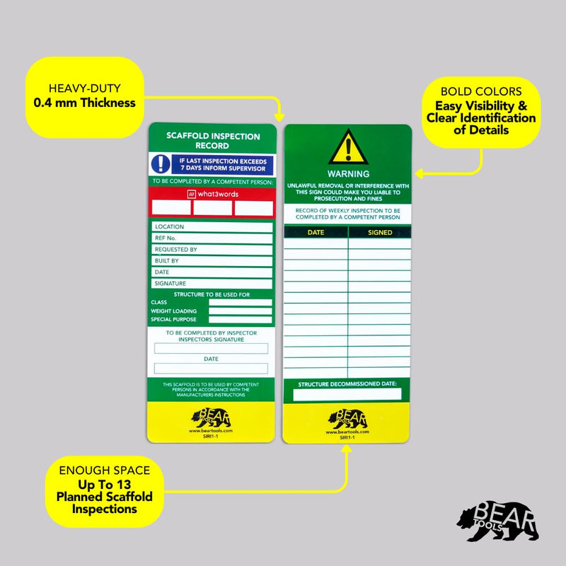BearTOOLS Scaffold Inspection Record Kit Clear Easy Access Quality Waterproof (10 Inserts (Only)) 10-insert