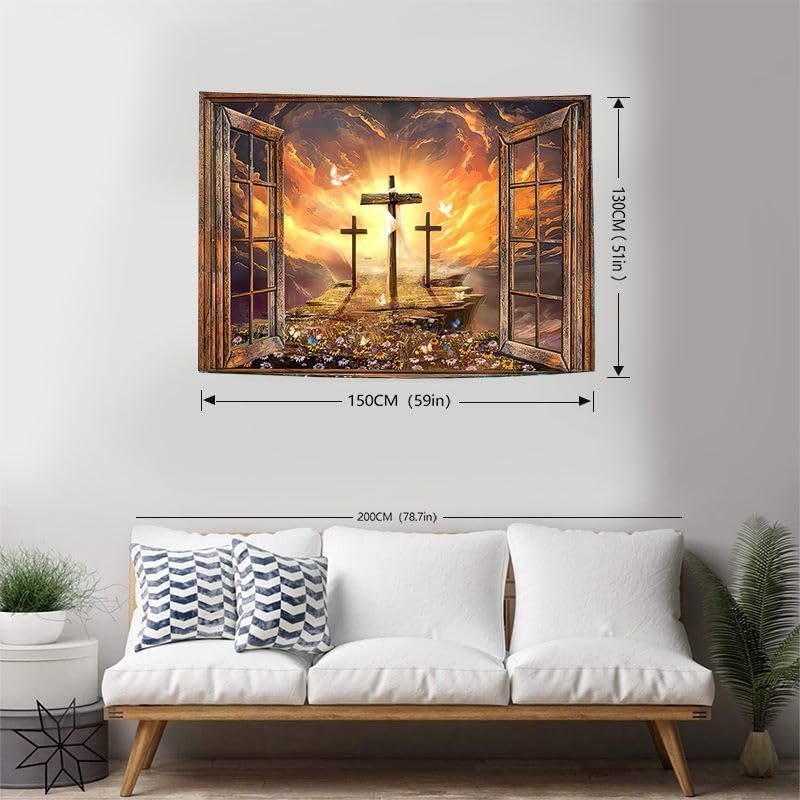 FENDROM Jesus Christ Cross Sunrise Tapestry Sunset Sepulcher Lord Pray Easter Crucifixion Religious Belief Wall Hangings Decor Large Tapestry for Bedroom Living Room Dorm College Church Man Cave 59"L x 51"W