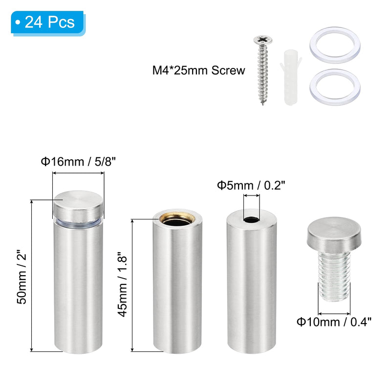 [Australia - AusPower] - PATIKIL 5/8 x 2 inch Sign Standoff Screws, 24 Set Stainless Steel Wall Standoff Mounting Hardware Advertising Glass Nail for Hanging Acrylic Picture Frame Acrylic Panel, Silver 