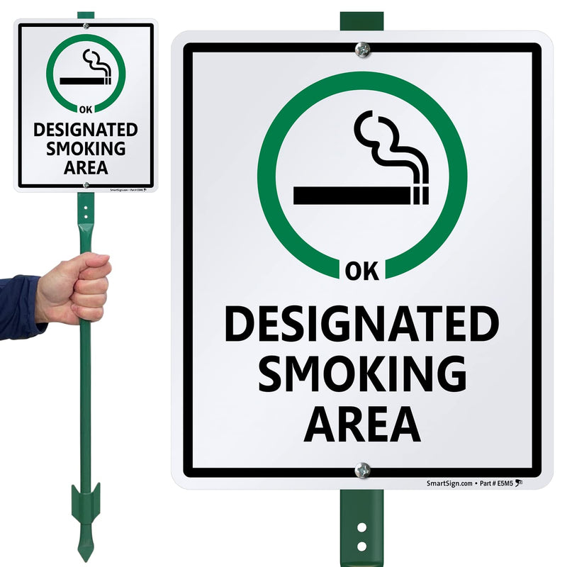 SmartSign 12 x 10 inch “Designated Smoking Area” Yard Sign with 3 foot Stake, 40 mil Laminated Rustproof Aluminum, Green, Black and White, Set of 1 36" Tall Sign Kit