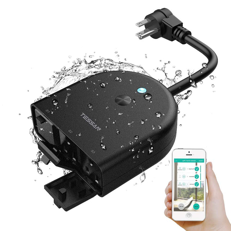TESSAN Outdoor Smart Plug Waterproof, 2.4GHz WiFi Only, 15A/1875W Heavy Duty, 3 Individual Sockets Compatible with Alexa Google Home, Remote Control Timer Frosted Black