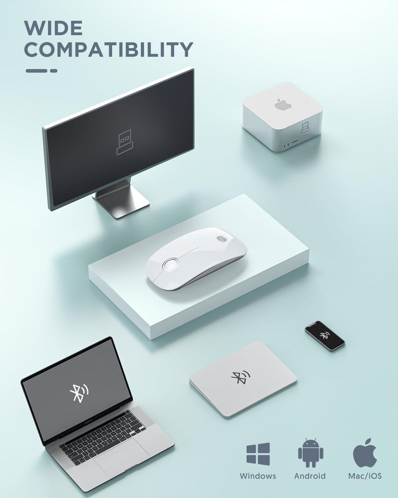 [Australia - AusPower] - Bluetooth Wireless Mouse - (BT5.1+USB) Slim Dual Mode Computer Mice with Quiet Click, Low Power, and 1600 DPI, Portable Cordless for MacBook, Laptop, iPad Pro/Air, Chromebook (White) White 
