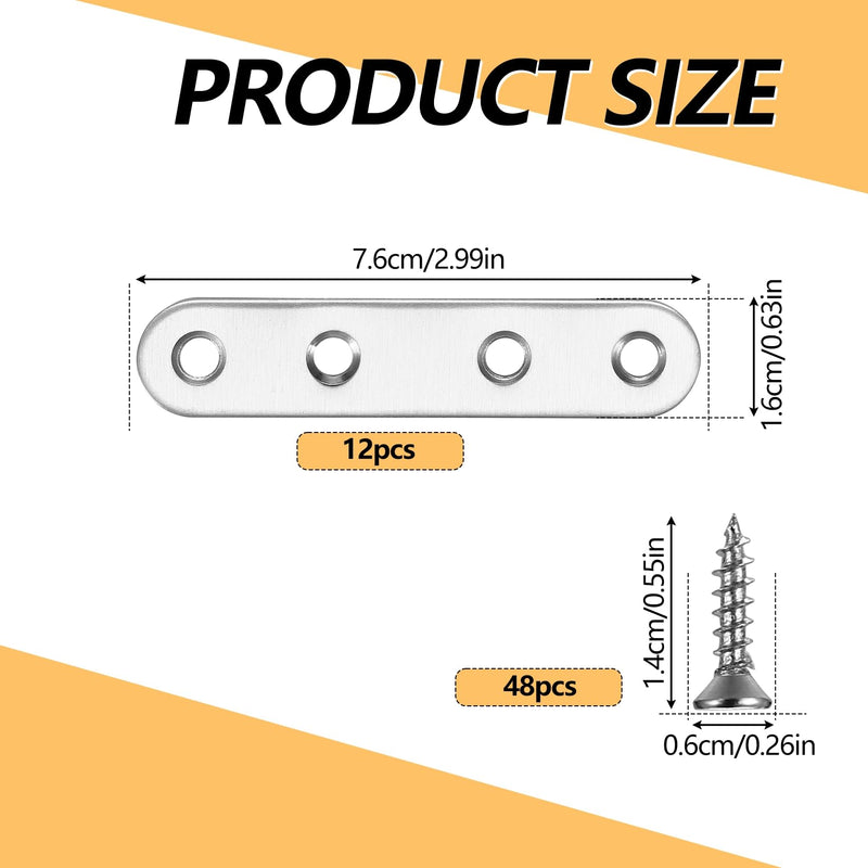 [Australia - AusPower] - 12Pcs Flat Plate Straight Brackets, Mending Plates Flat Brackets, Stainless Steel Flat Straight Brace Brackets, Straight Corner Fixing Bracket Joining Plates for Furniture Wood, 48 Screws 