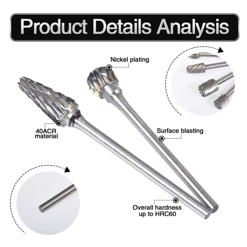 [Australia - AusPower] - 10 Pieces Double Cut Tungsten Steel Solid Carbide Rotary Burrs Set with 1/10"(2.35mm) Shank Twist Drill Bits For Dremel Rotary Tools By HOHXEN 