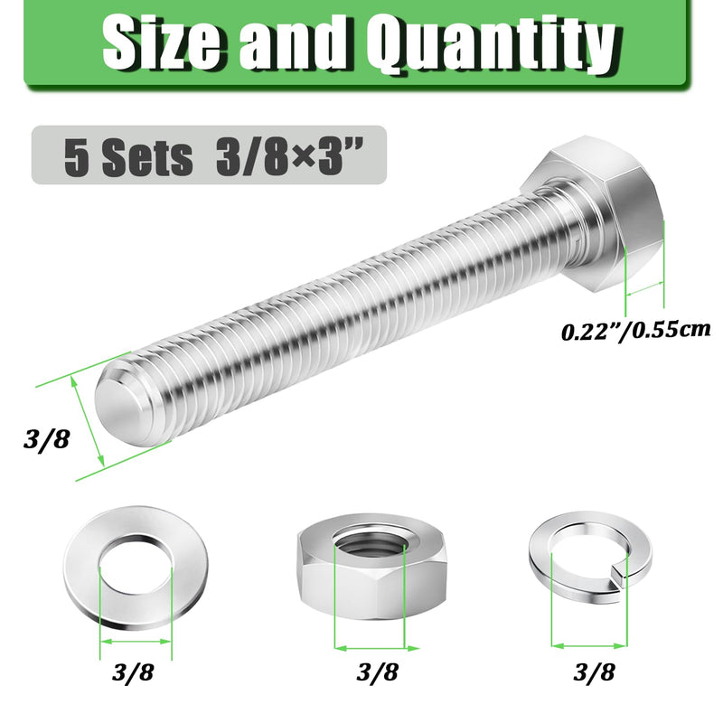 [Australia - AusPower] - 5 Sets 3/8-16×3" Stainless Steel Hex Head Screws Bolts, Nuts, Flat & Lock Washers, 18-8(304) Full Thread Silver 3/8-16 × 3"（5 Sets） 