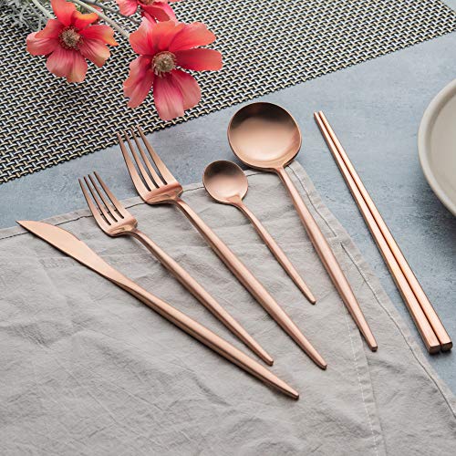 Matte Copper Silverware Set Reusable Chopsticks - KiiZYs 14-piece Stainless Steel Utensils Set Kitchen Accessories - Modern Flatware Spoon Fork Knife - Cutlery Set Gift Box (Matte Copper, 2 Sets) Matte Copper Set for 2 (14pcs)