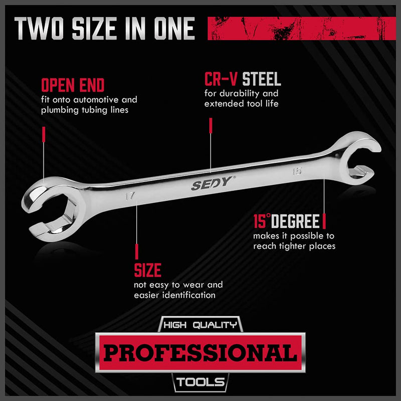 [Australia - AusPower] - SEDY 4-Piece Flare Nut Wrench Set, Offset End Spanner Metric 9 10 11 12 13 14 15 17mm, CR-V Steel Storage Pouch Repair and Remove Nuts on Fuel Tube Hose Transmission Line 