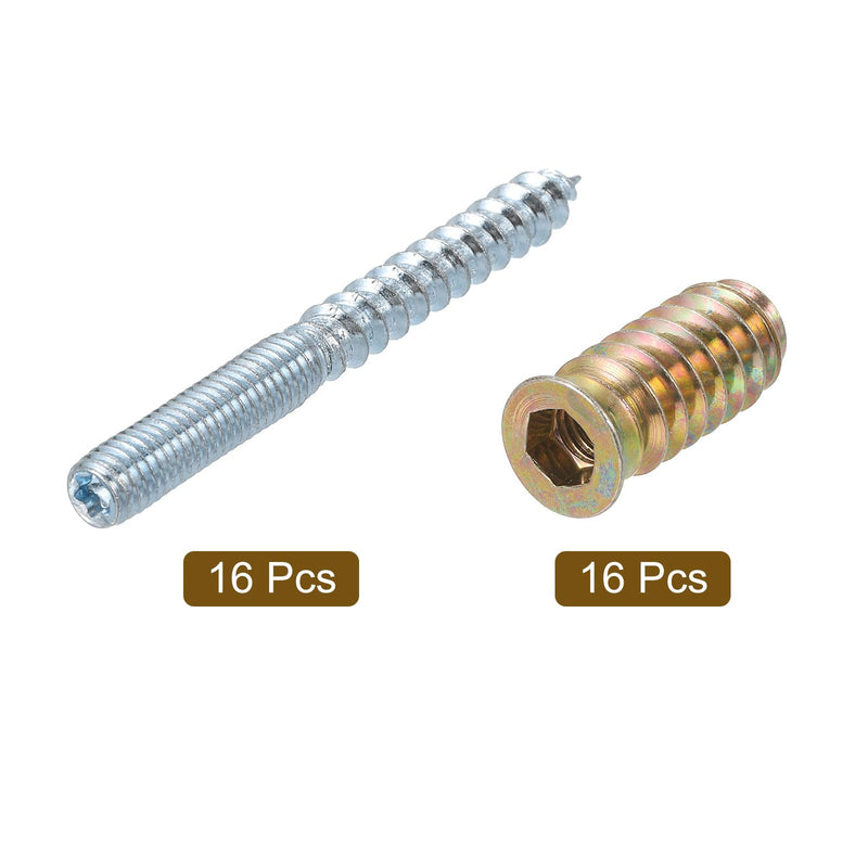 [Australia - AusPower] - uxcell M6x60mm Hanger Bolts, 16pcs 31mm Wood Dowel Screw Self-Tapping Screw with 16pcs M6x24mm Threaded Insert Nuts Interface Hex Socket Drive, for Joint Furniture Legs 16 