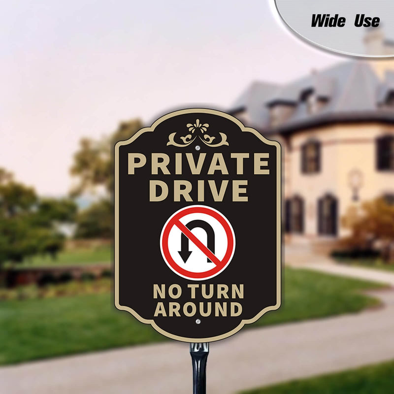Large Private Drive No Turn Around Sign, 14”x10” Private Road Reflective Warning Signs with 36”Strong Steel Stake Rust Free Heavy Duty Aluminum Easy Installation for Outdoor Use No turn around-Black