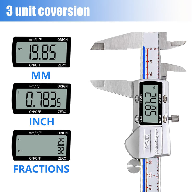 [Australia - AusPower] - Digital Caliper Measuring Tool, IP54 Waterproof Electronic Digital Micrometer Caliper, Stainlee Steel Vernier Caliper with Large LCD Screen, Inch Metric Conversion, 6 Inch for Household/DIY MBF4-1 