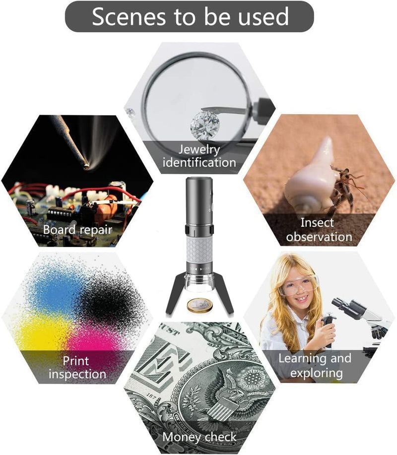 [Australia - AusPower] - WiFi USB Digital Handheld Microscope, 50 to 1000x Wireless Magnification Endoscope 4K 3840x2160P Camera 8 LEDs with Metal Stand for iPhone iPad Android Mac Windows Linux Chrome Grey 