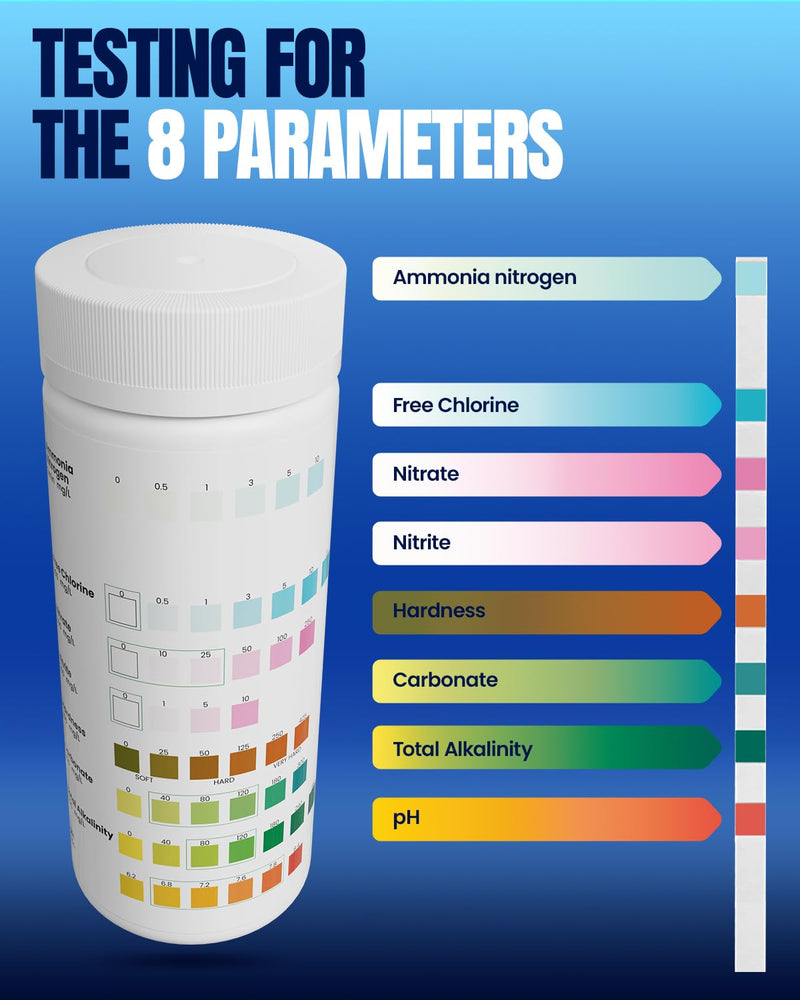 Aquarium Test Strips - 8-in-1 Aquarium Water Test Kit: Fish Tank Testing Kit for Freshwater & Saltwater, 50 Strips,Fast & Accurate Ammonia, pH, Hardness, & More， Lead Water Test Kit for Ponds W-8
