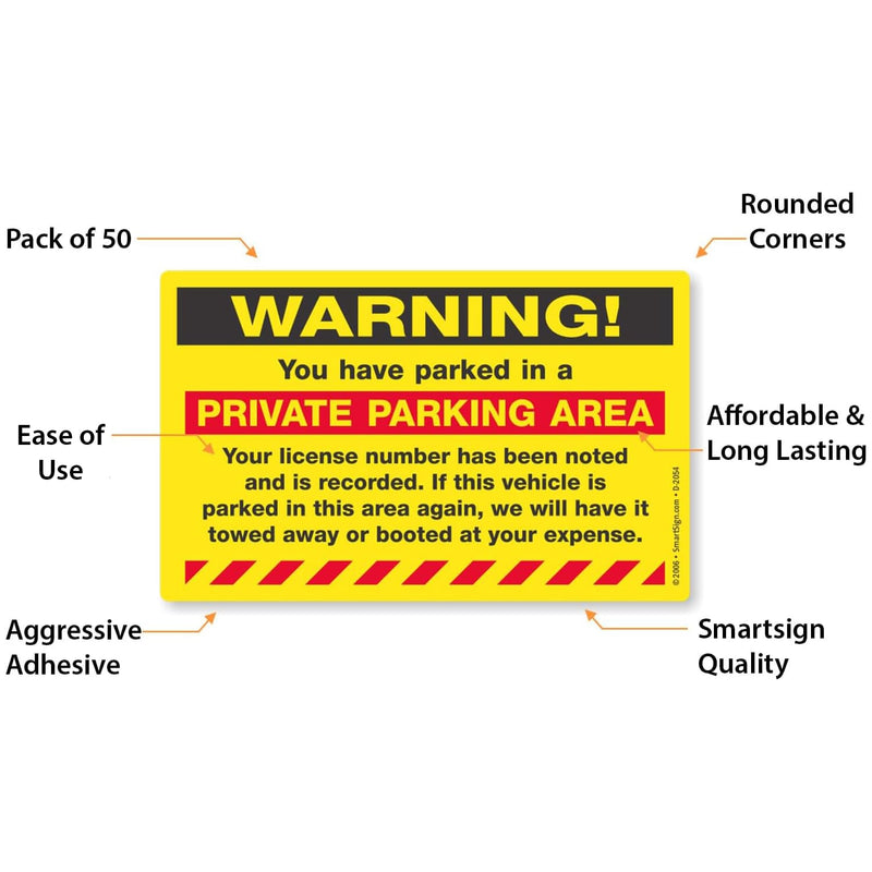 SmartSign "Warning - You Have Parked in a Private Parking Area Parking Violation Sticker |5" x 8" Fluorescent Paper Stickers