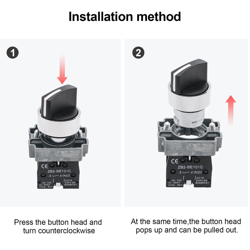 [Australia - AusPower] - 2Pack Black 2-Position Selector Switch 1NO Metal Head Switch Ith: 10A, Ui: 600V, Uimp: 6kV, AC15 240V-3A, CE 