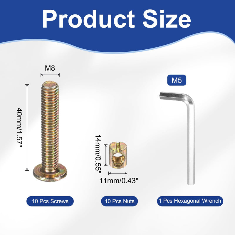 [Australia - AusPower] - uxcell 10Pcs Bed Frame Bolts, M8x40mm Hex Socket Head Cap Screws Bolts with Barrel Nuts Hardware Replacement Kit & M5 Hex Wrench for Furniture, Beds, Chair 10 