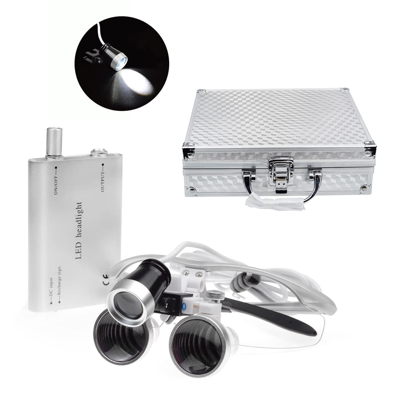 [Australia - AusPower] - BoNew Dental 3.5X-420mm Surgical Binocular Loupes Magnifier Kit With LED Head Light Silver Aluminum Box Color 