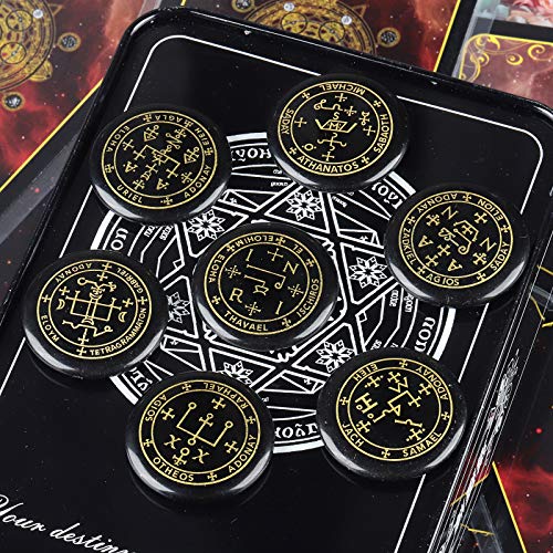 rockcloud 7PCS Black Agate Engraved Magic Circle Round Healing Crystal