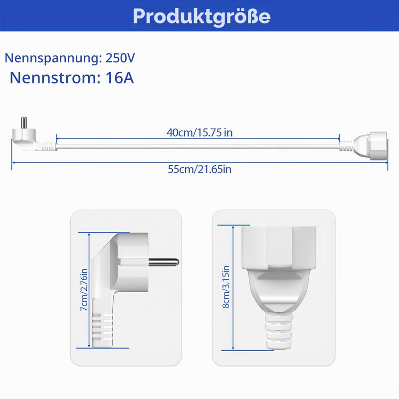 Extension Cable 0.5 m with Protective Contact Plug Schuko, IP20 Cable Extensions - 250 V, 16 A, 3680 W - Protective Contact 90° Angle Plug H05VV-F 3G1.5 mm², Increased Touch Protection - White