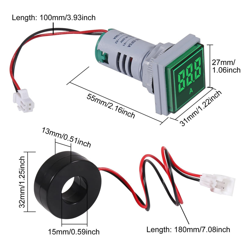 [Australia - AusPower] - 2pcs 3 in 1 60-500V 0-100A AC Digital Ammeter Voltmeter, 22mm Square Digital Tube Screen with Transformer, LED Display Voltage Detector Current Tester Gauge 