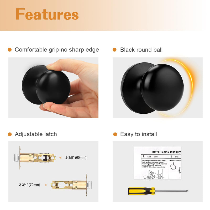 Probrico Passage Door Knobs Closet Door Knobs 2 Pack, Black Interior Door Handles with Adjustable 60-70mm Latch, Passage Doorknob for Hallway French Doors