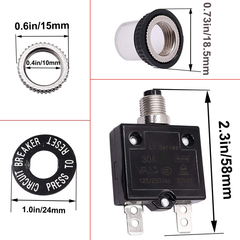 [Australia - AusPower] - smseace 15Amp Electric Button Breaker 125/250VAC,Thermal Overload Protector L1 Series with Manual Reset, Waterproof Button Cap L1-15A 15A Regular 