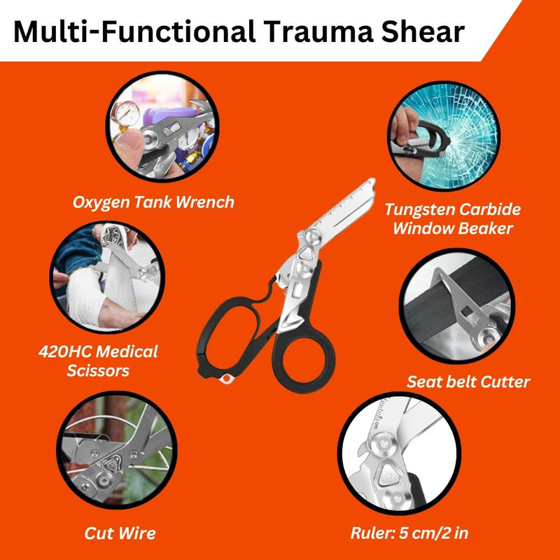[Australia - AusPower] - 6 in 1 Multifunctional Trauma Shears Foldable with Strap Cutter | Heavy Duty Stainless Steel Emergency Response Shears | Survival Shears With Holster | Medical Trauma shears Tactical | Black 