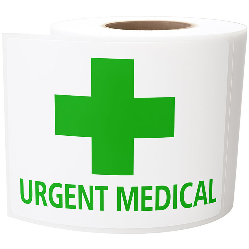 Urgent Medical Labels with Green Cross - Roll of 400 Latex-Free Stickers 100mm x 80mm (Approx 4" x 3") on 38mm (1.5") Core with Strong Adhesive. for Courier, Healthcare, Pharmacy, Clinic or Lab Use.