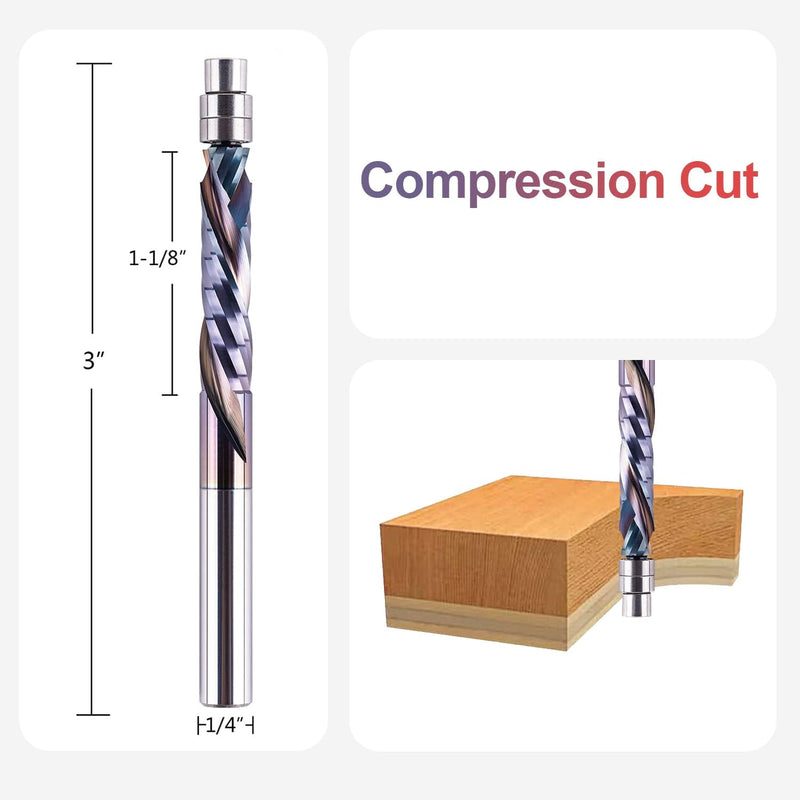 [Australia - AusPower] - SpeTool Compression (up&down) Spiral Flush Trim Router Bit Solid Carbide 1-1/8 Inch Cutting Length 1/4 Inchs Shank with Bottom Bearing Pattern Router Bit for Woodwoking 