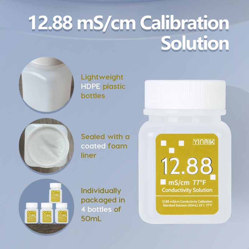 [Australia - AusPower] - 12.88 mS/cm Calibration Solution, Conductivity Salinity Calibration Fluid for Salinity Tester, EC Meter, TDS Meter, 7 in 1 Tester Standard Calibration, 4 Bottles of 50mL 12.88 mS/cm Solution 