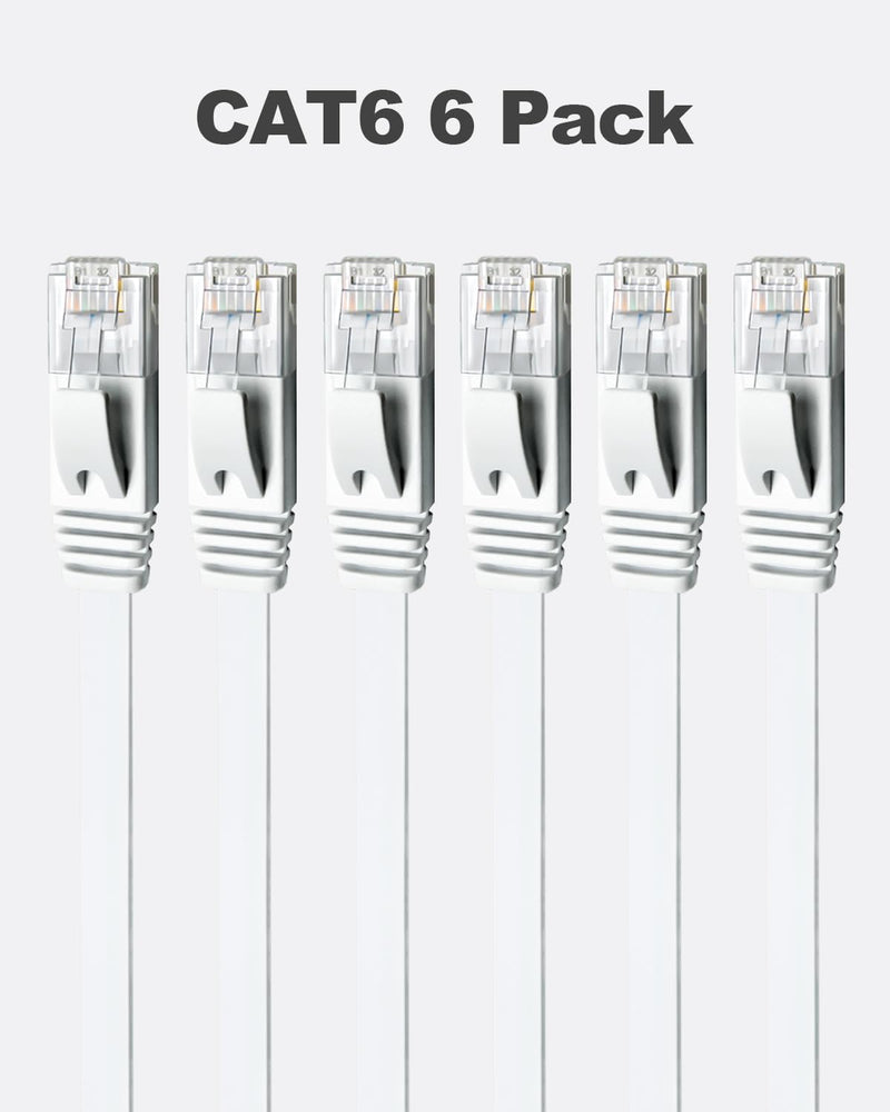 Yauhody CAT 6 Ethernet Cable 15ft 6-Pack White, High Speed Solid Flat CAT6 Gigabit Internet Network LAN Patch Cords, Bare Copper Snagless RJ45 Connector for Modem, Router, Computer(15ft,6P,White) 6 Pack