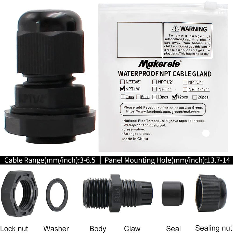 [Australia - AusPower] - MAKERELE Plastic Strain Relief Cord Connector Adjustable 3-6.5mm Cable Gland(1/4 NPT, 12pcs) 1/4" 12pcs BAG Black 