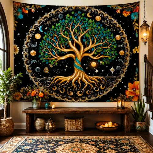 Delur Tree of Life Tapestry Moon Phase Nature Flower Plant Tapestry Wall Hanging Boho Mandala Spiritual Sun Aesthetic Psychedelic Headboard for Bedroom Living Room Home Decor (70.8" x 92.5") 70.8"L x 92.5"W Moon Phase Tree of Life