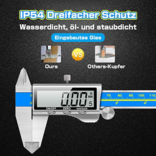 Orthland Vernier Caliper Digital Gauge Stainless Steel Waterproof Dustproof Measuring Tool with Replacement Battery for Household and Industrial Measuring 150 mm blue