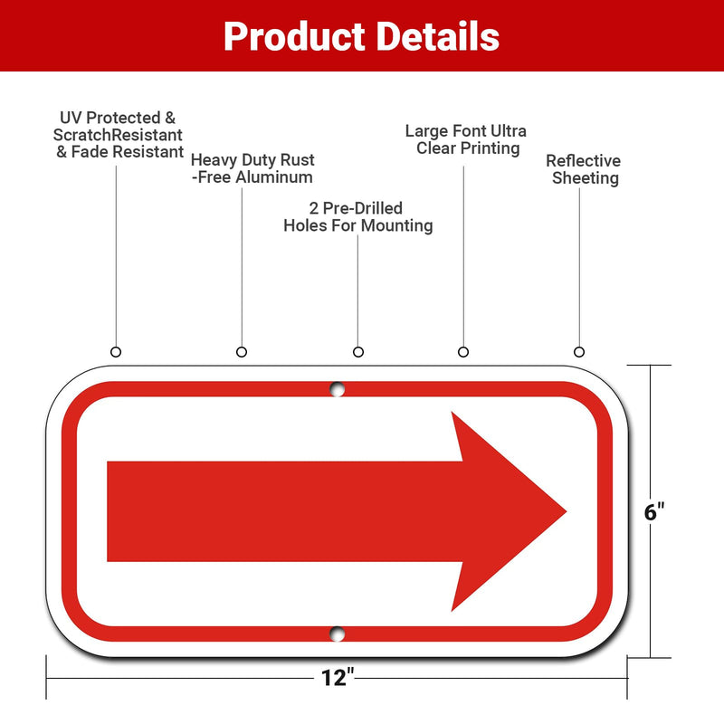 (2 Pack) Red Arrow Signs, 12” x 6” Rust Free Aluminum Reflective Signs, This Way Directions Arrow Sign, UV Protected, Fade Resistant, Weatherproof, Easy to Mount ﻿ 2