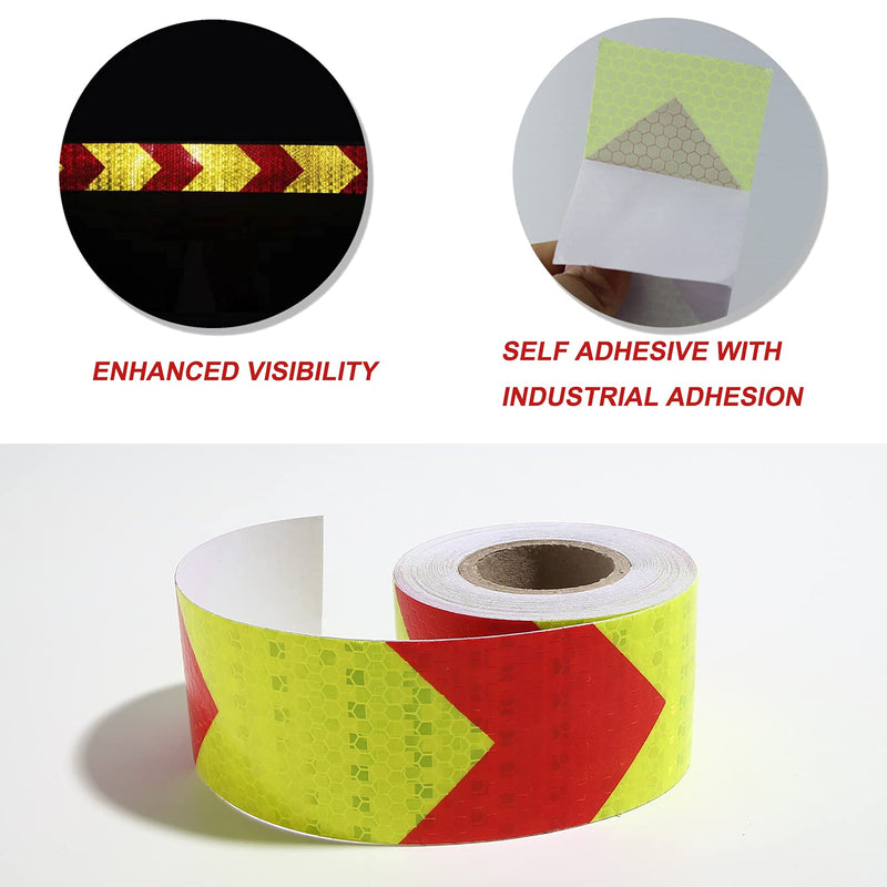 Waterproof Reflective Tape,Red & Yellow 2inch X 30Feet Conspicuity Adhesive Safety Tape,High Visibility Arrow Hazard Warning Reflector Tapes for Trucks Trailer Vehicle Outdoor Signs 2" X 30ft