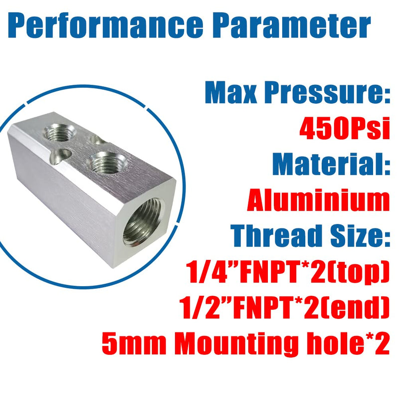 [Australia - AusPower] - Quality 2 Way 4 Port Air Manifold 1/2" NPT Supply Port 1/4" NPT Outport With Mounting Hole Aluminum Silver 1Pcs 