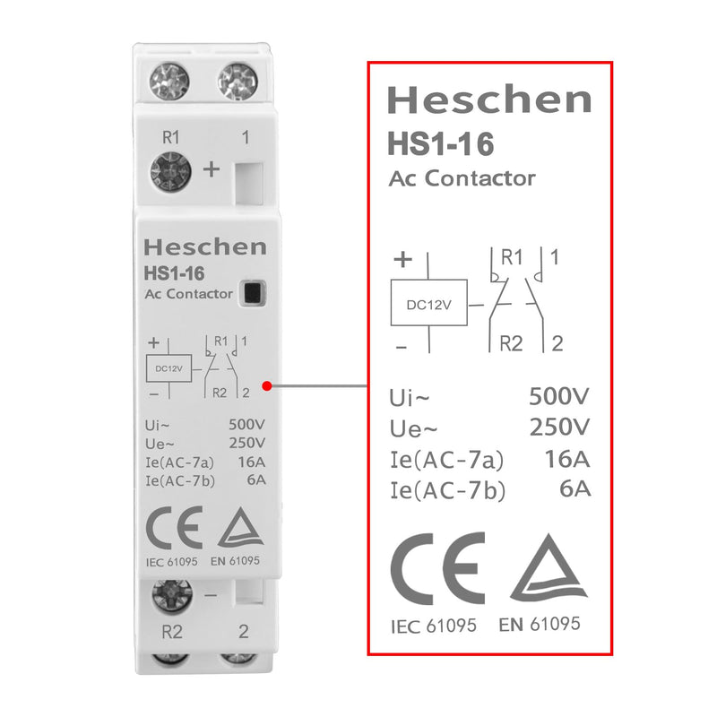 Heschen Household AC Contactor, HS1-16, Ie 16A, 2-Pole, 1NO 1NC, DC 12V Coil Voltage, 35mm DIN Rail Mounting DC12V 1NO 1NC 2P
