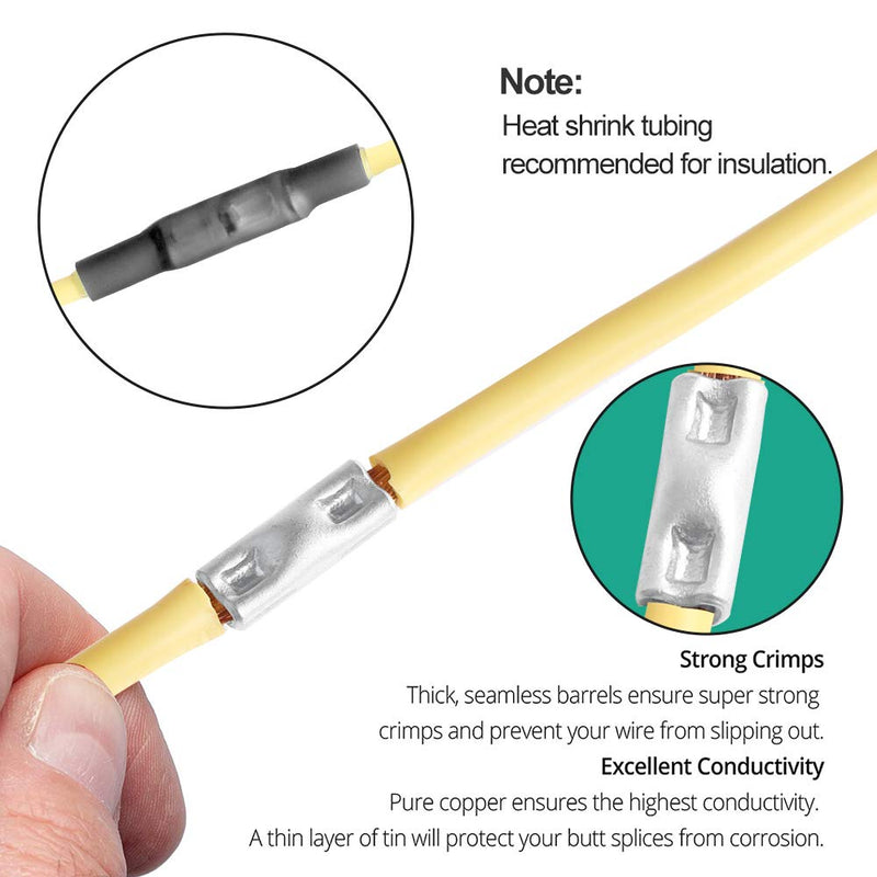 AIRIC Non Insulated Butt Connectors 22-16 Gauge 100pcs Electrical Wire Seamless Crimping Terminals Uninsulated Wiring Crimps Bare Copper Splice Connector 16-22 AWG 100