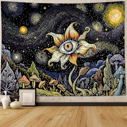 Yeoiat Tapestry Cosmic Flower Tapestries Mushroom Landscape Wall Hanging Starry Night Visionary Botanical Art Decor Bedroom Dormitory 90"x70" 90"L x 70"W Blue Mushroom