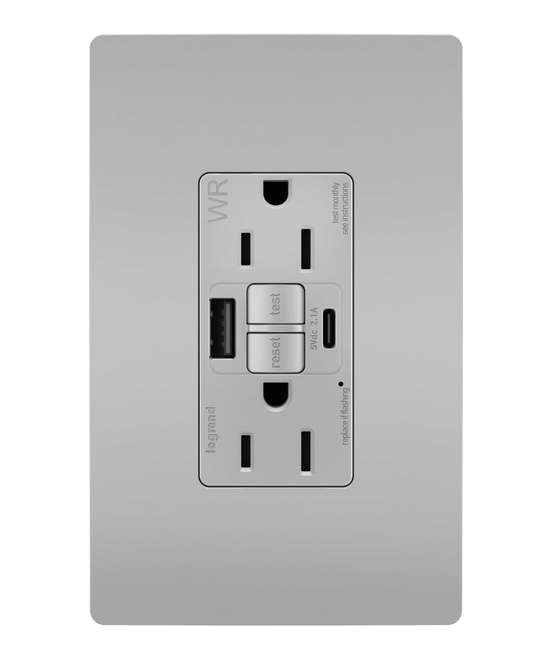 Legrand Pass & Seymour Radiant 15 Amp GFCI Weather-Resistant Wall Power Outlet with 2.0 Amp USB Charger, Gray