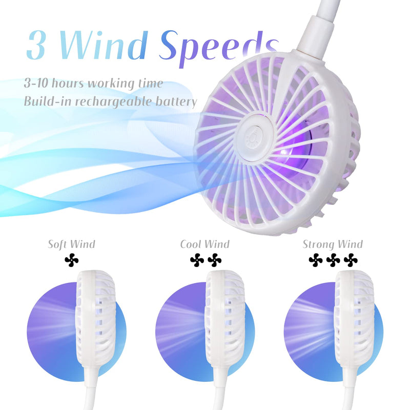 [Australia - AusPower] - Portable Cooling Neck Fan, Rechargeable USB Personal Neck Fan with Colorful LED lights, 360° Rotation, Wearable Neck Fan Air Conditioner for Office Travel Sport, 3 Adjustable Speeds White 